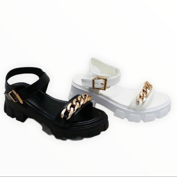 White Chunky Platform Gold Chain Band Sandals - Picture 5 of 7